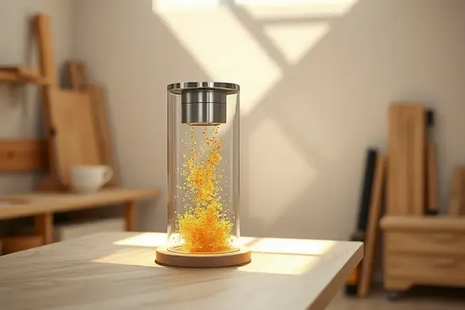 Sistema otimizado de coleta de pó para marcenaria em renderização 3D conceitual com partículas de madeira iluminadas em container transparente.
