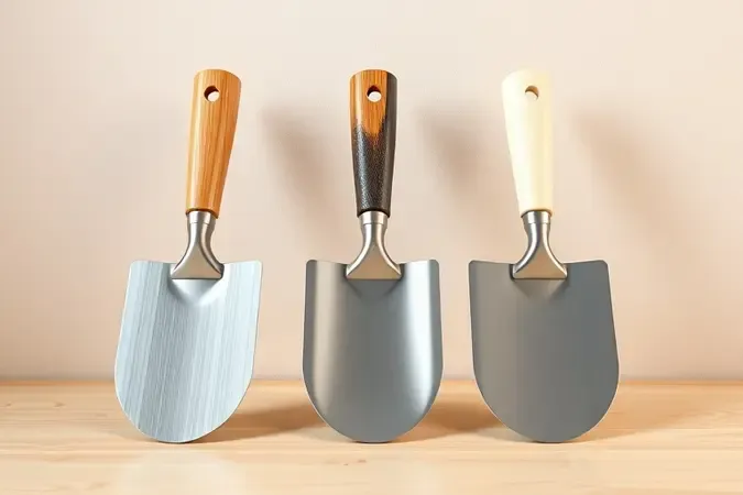 Três colheres de pedreiro genéricas de tamanhos graduados com diferentes materiais de cabo dispostas lado a lado em renderização 3D profissional