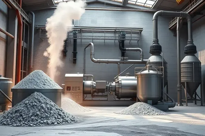 Visualização conceitual do processo de fabricação de cimento com transformação de matérias-primas em renderização 3D industrial.