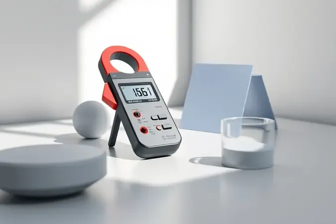 Cena conceitual 3D com alicate amperímetro digital moderno sobre mesa limpa, rodeado por formas geométricas abstratas que representam o processo de escolha do equipamento.