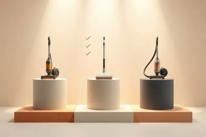 Conceito 3D de escolha de aspirador de pó com diferentes silhuetas em pedestais geométricos minimalistas