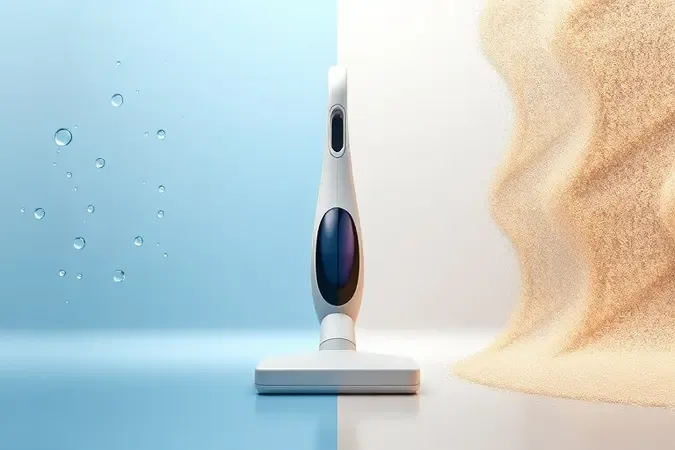 Conceito 3D contrastando limpeza úmida e seca para ilustrar critérios de escolha de aspirador de pó e líquidos