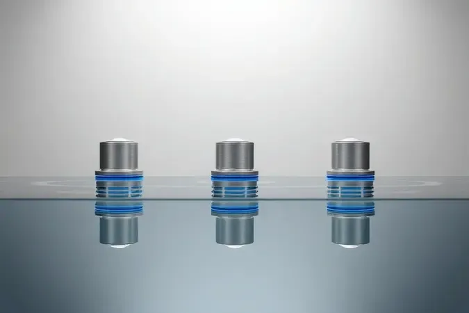 Três bombas submersas conceituais de diferentes tamanhos alinhadas sobre superfície de água em render 3D.
