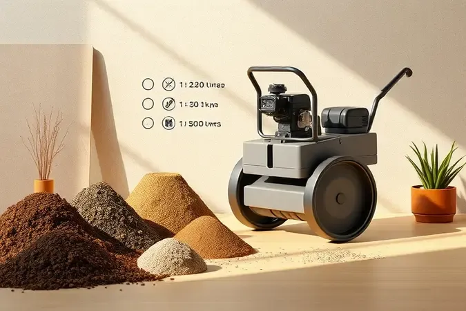Renderização 3D de amostras de solo e compactador em ambiente de planejamento para escolha do equipamento ideal.
