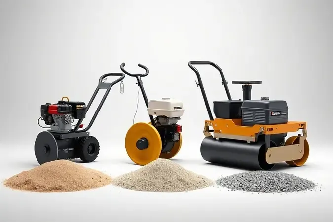 Renderização 3D comparando diferentes tamanhos de compactadores de solo para auxiliar na escolha do equipamento ideal para cada obra.
