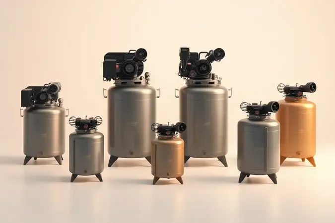 Render 3D conceitual mostrando diferentes tipos de compressores de ar genéricos lado a lado para comparação visual.