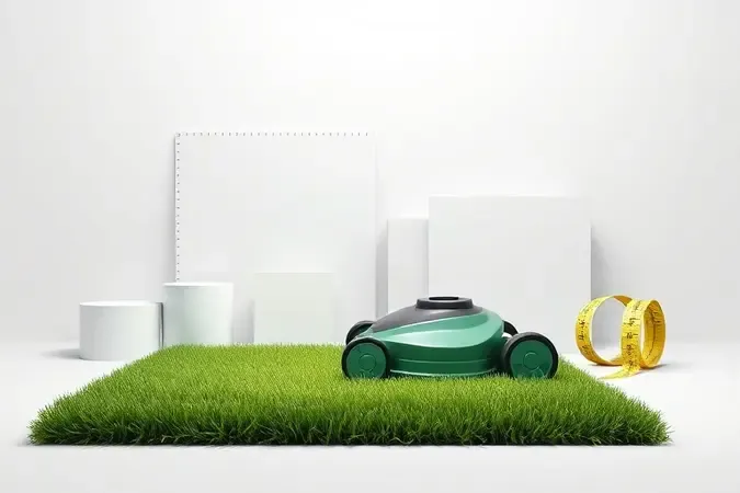 Composição 3D conceitual com elementos de cortador de grama e formas abstratas representando critérios de escolha em ambiente de estúdio moderno.