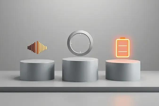 Composição 3D conceitual com elementos simbólicos representando critérios de escolha de detectores de metais.
