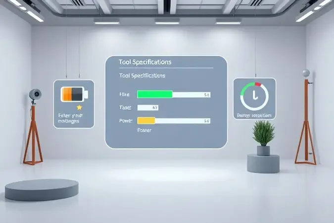 Interface conceitual 3D mostrando especificações técnicas para escolha de ferramentas ideais.