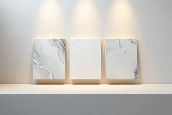 Render 3D conceitual com amostras de materiais impermeabilizantes sobre superfície neutra para auxiliar na escolha ideal.