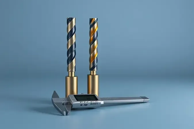 Render 3D conceitual de brocas de diferentes diâmetros com paquímetro digital representando escolha e medição.