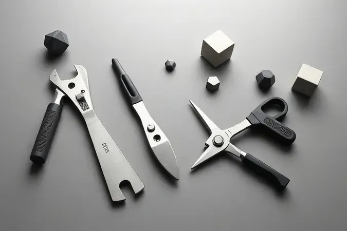 Render 3D conceitual de ferramentas sem marca dispostas em bancada limpa representando o processo de escolha do kit ideal.