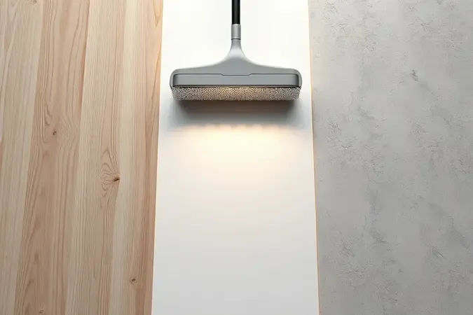 Amostras de pisos de madeira, porcelanato e concreto lado a lado com acessório de limpeza flutuante em renderização 3D conceitual.