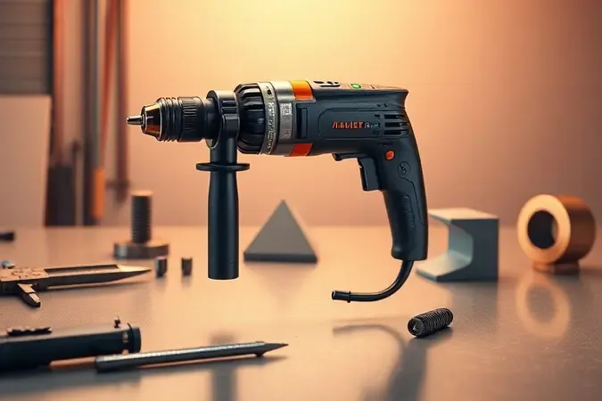 Furadeira moderna em ambiente de oficina conceitual com instrumentos de medição e design limpo