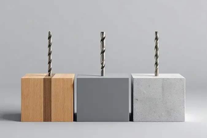 Guia visual conceitual para escolher o melhor jogo de brocas conforme os tipos de materiais como madeira, metal e concreto