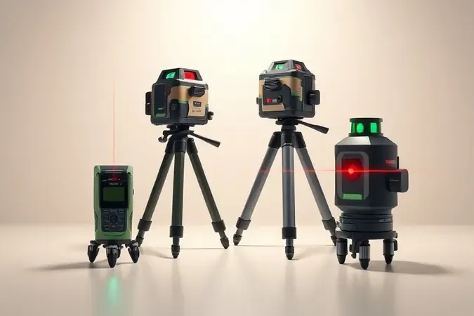Render 3D com três modelos de níveis laser lado a lado para comparação em superfície minimalista clean