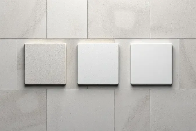 Render 3D conceitual com três amostras de tipos de rejunte sobre porcelanato para auxiliar na escolha ideal