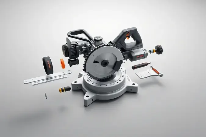 Componentes principais de uma serra mármore conceitual em renderização 3D com iluminação suave e organização técnica.