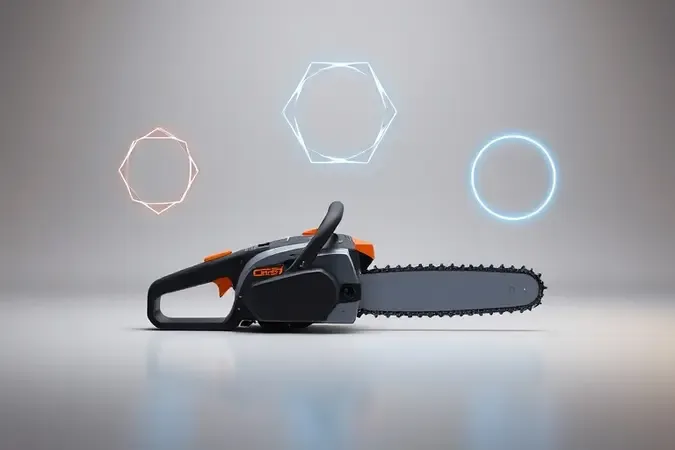 Motosserra a bateria conceitual com elementos geométricos abstratos representando critérios de escolha e comparação.