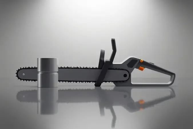 Composição conceitual 3D representando escolha e comparação de motosserras com formas geométricas abstratas sobre superfície limpa