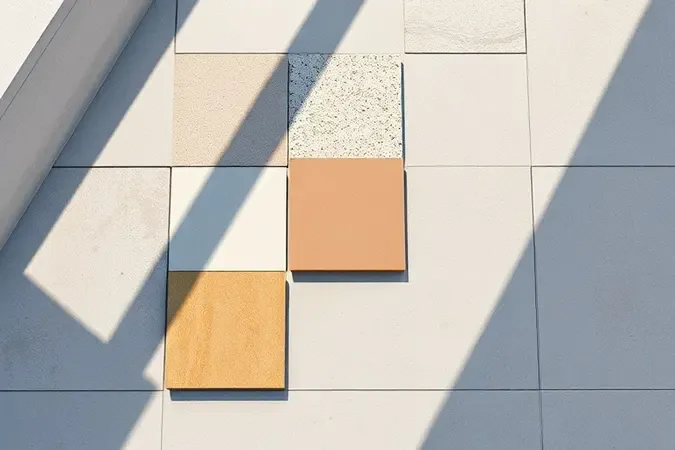 Amostras de porcelanato para área externa com diferentes texturas e cores neutras para seleção