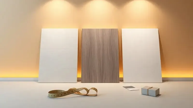 Composição conceitual para escolha de porcelanato com amostras de diferentes estilos e ferramentas de design.