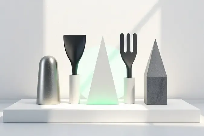 Composição 3D conceitual com cinco elementos abstratos representando critérios para escolher a roçadeira elétrica ideal.