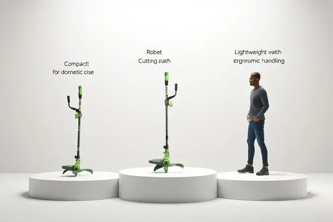 Renderização 3D com três silhuetas de roçadeiras elétricas lado a lado representando critérios de escolha como tamanho, potência e ergonomia.