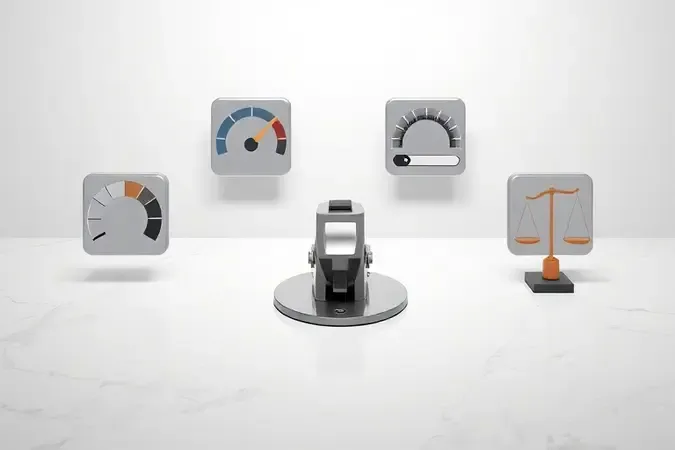 Render 3D conceitual com critérios de seleção para serra mármore representados por ícones abstratos flutuantes.
