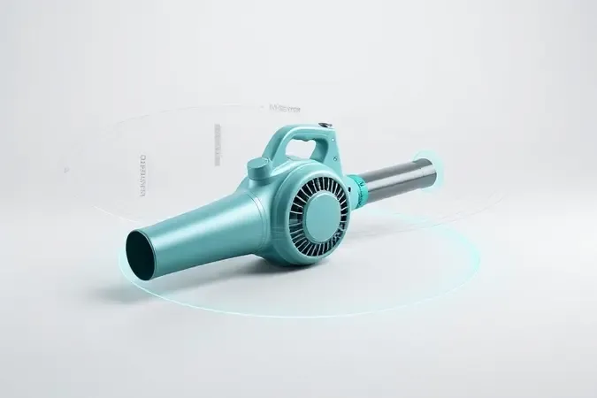 Renderização 3D de soprador de folhas com formas geométricas abstratas representando critérios de escolha e especificações técnicas.