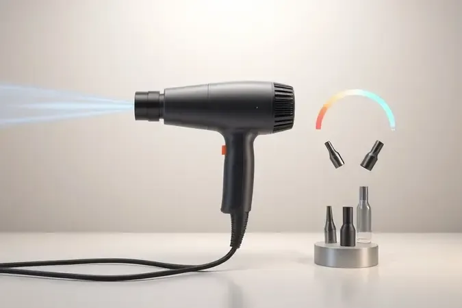 Composição conceitual 3D com soprador térmico exibindo controle de temperatura, fluxo de ar e bicos intercambiáveis.