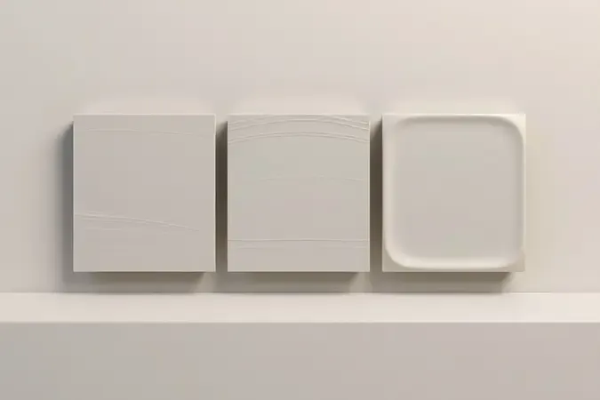 Amostras de acabamentos de tinta lado a lado em composição 3D minimalista para ilustrar escolha de tinta para parede.