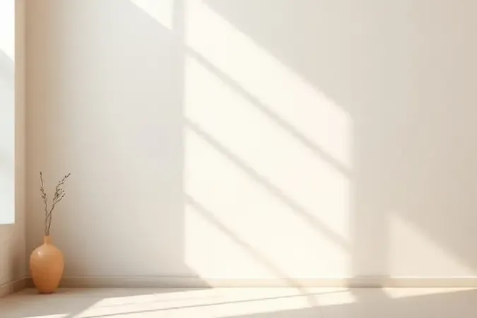 Parede interna com camadas de amostras de cores sendo reveladas sob luz natural suave em composição minimalista.