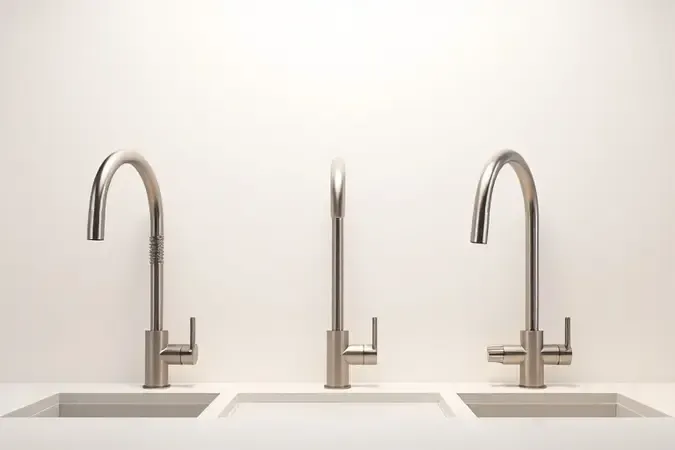 Conceito visual mostrando diferentes modelos de torneiras para cozinha em composição minimalista 3D.