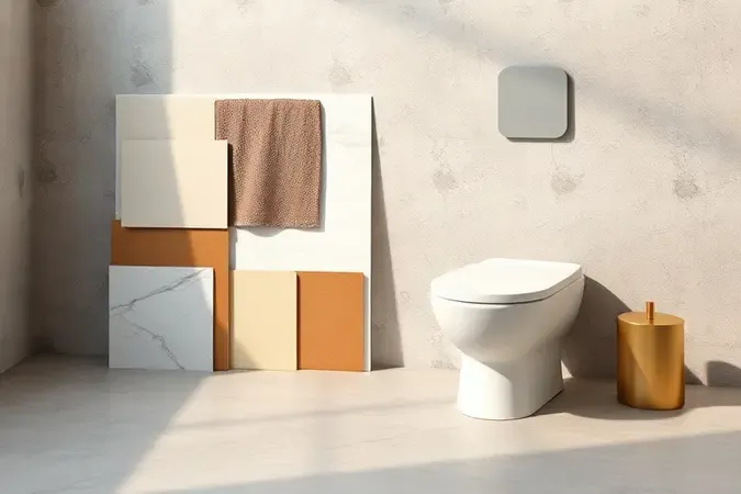Composição conceitual 3D de planejamento de banheiro com mostruários de materiais neutros, miniatura de layout e silhueta de vaso sanitário moderno.
