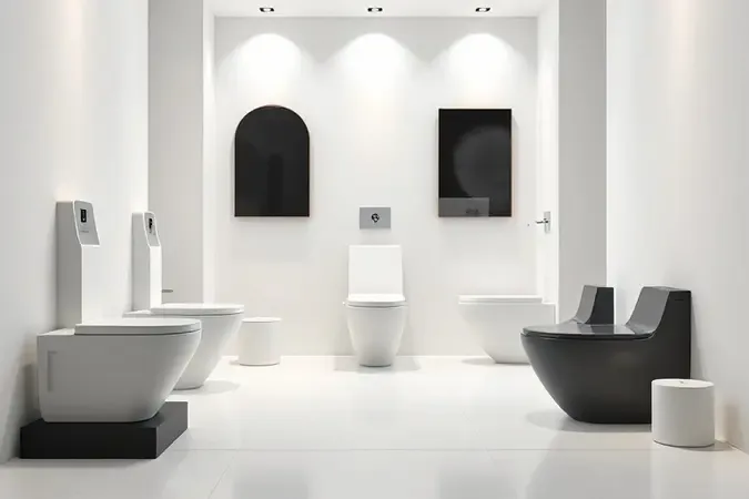 Composição conceitual 3D com diferentes estilos de vasos sanitários e elementos de design de interiores para orientar na escolha ideal.