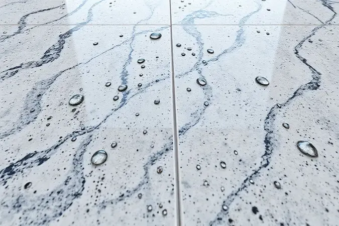 Superfície de granito selada com gotas de água repousando sobre rejunte impermeabilizado, destacando proteção contra manchas em render 3D.