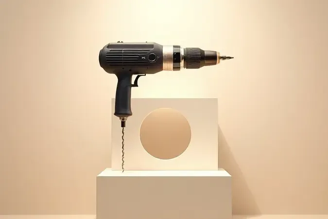 Renderização 3D conceitual de furadeira posicionada sobre bloco com furo perfeitamente circular em composição minimalista e iluminação suave.