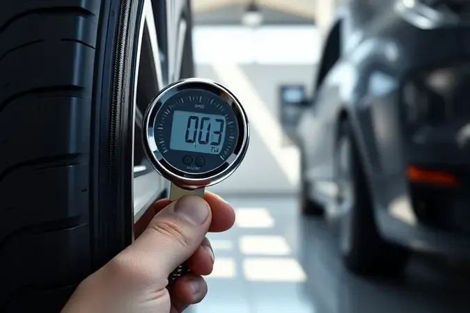 Mão segurando calibrador digital de pneus próximo à válvula do pneu em garagem moderna e limpa.
