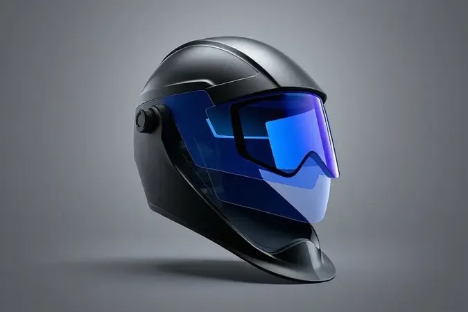 Render 3D educativo mostrando camadas internas de máscara de solda com filtro de escurecimento automático