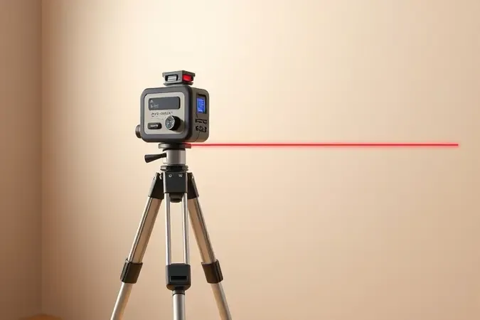 Ilustração 3D de nível laser sobre tripé projetando linha vermelha horizontal em parede limpa e moderna