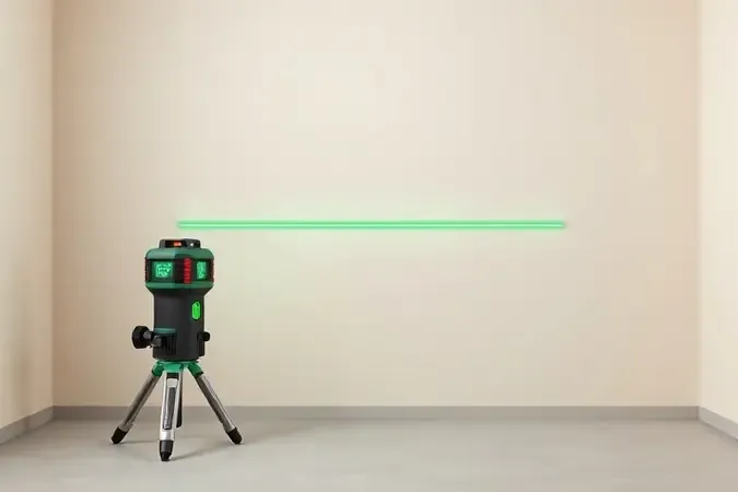 Ilustração 3D conceitual de nível a laser emitindo feixe horizontal em parede interna limpa demonstrando alinhamento preciso