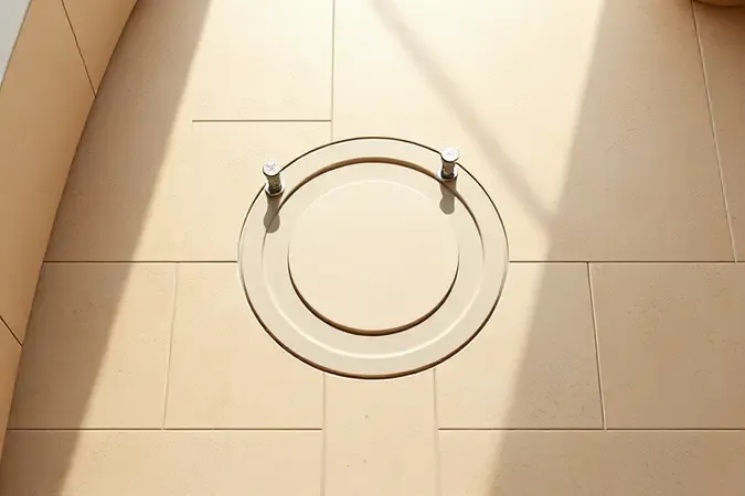 Render 3D conceitual de piso cerâmico geométrico com anel de vedação estilizado e parafusos de montagem minimalistas em tons bege e iluminação suave.