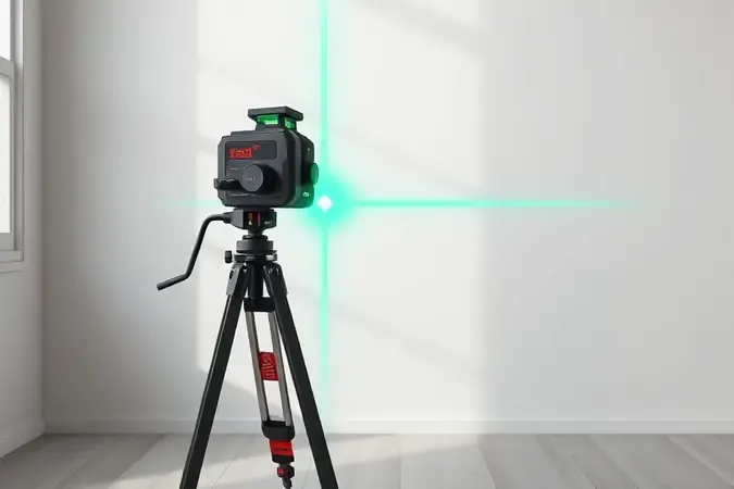 Render 3D de nível a laser em tripé projetando linha verde calibrada em parede interna minimalista.