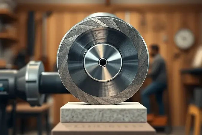 Render 3D conceitual de disco de corte montado em eixo de esmerilhadeira posicionado sobre material abstrato em ambiente de oficina.