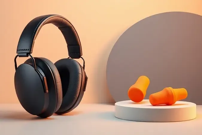 Render 3D comparando abafador auricular tipo concha e protetores intra-auriculares de espuma lado a lado em composição limpa.