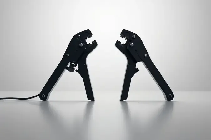 Comparação conceitual 3D entre alicate desencapador automático e manual lado a lado com iluminação profissional e superfícies limpas.