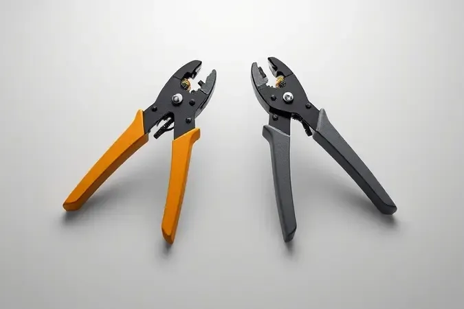 Comparação conceitual em 3D entre alicate decapador automático e manual lado a lado com iluminação profissional e superfície neutra