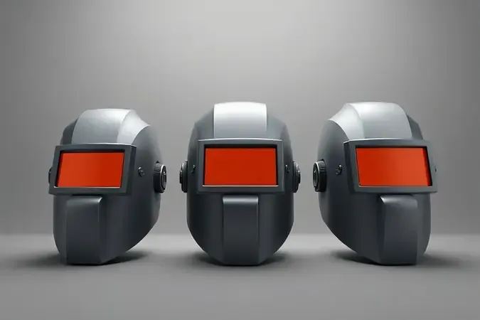 Render 3D conceitual comparando diferentes tamanhos de área visível em máscaras de solda com destaque para o campo de visão.