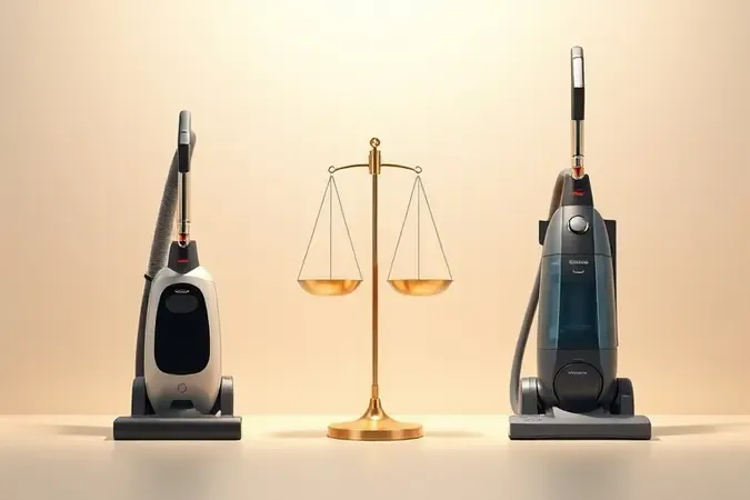 Comparação conceitual 3D entre silhuetas de aspirador convencional e vertical com balança abstrata entre eles